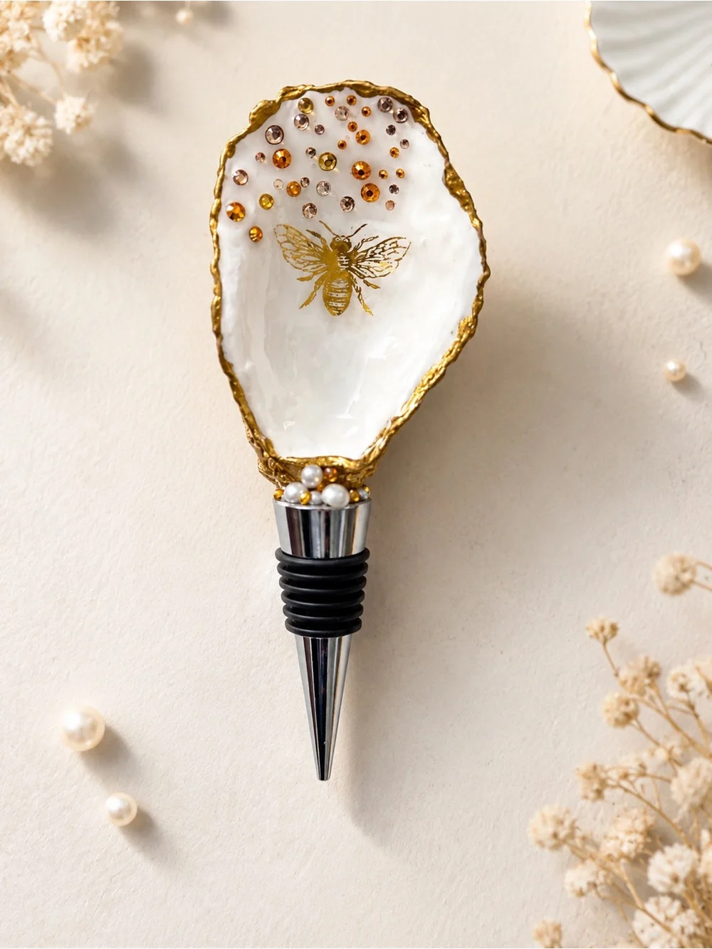 Gold & White Bee Oyster Shell Wine Stopper, Handmade by Me
